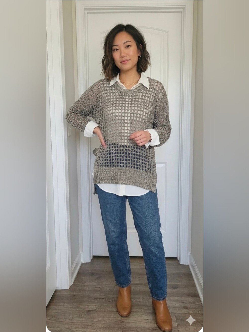 Blu Pepper Marled Grey Open Knit High-Low Crewneck Sweater - Size M